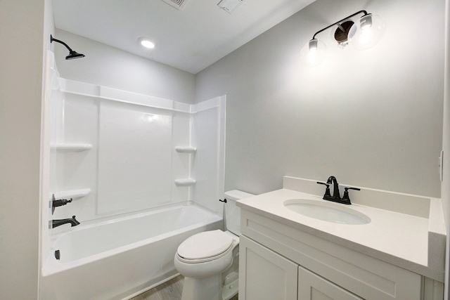 full bathroom with toilet, hardwood / wood-style floors, vanity, and bathing tub / shower combination