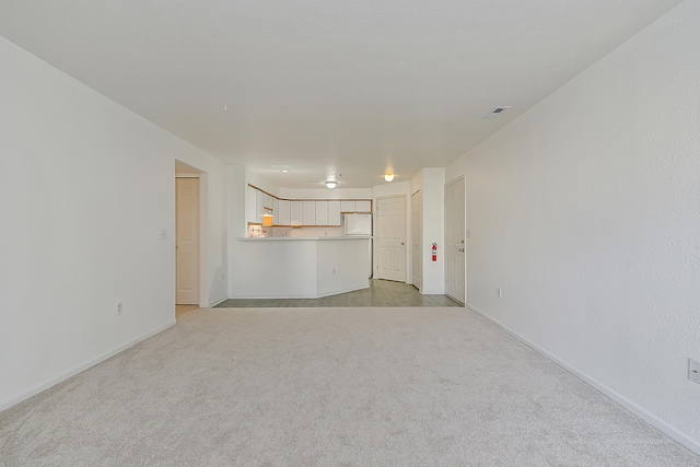 unfurnished living room featuring light colored carpet