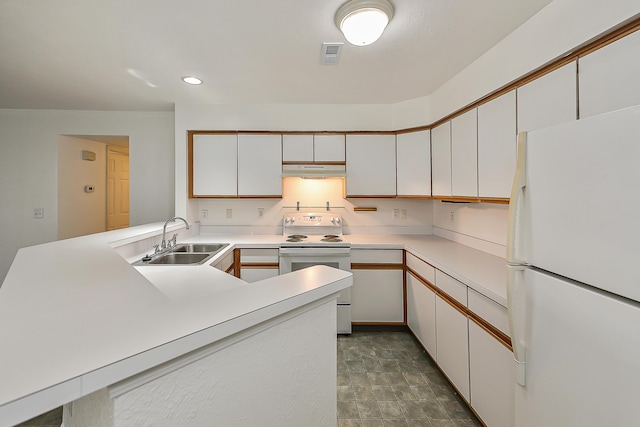 kitchen with kitchen peninsula, white appliances, white cabinetry, and sink