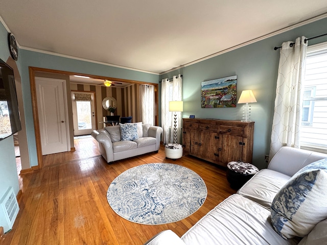 living room featuring ceiling fan, plenty of natural light, and ornamental molding