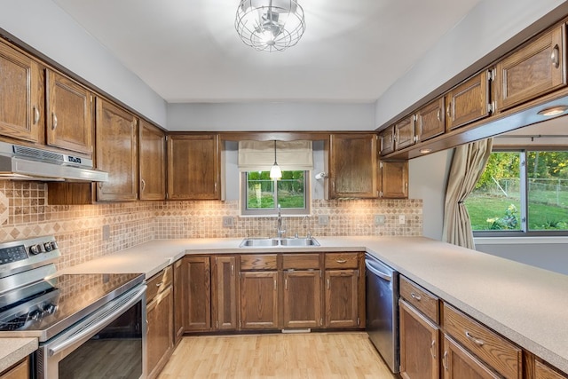 kitchen featuring appliances with stainless steel finishes, light wood-type flooring, tasteful backsplash, sink, and range hood