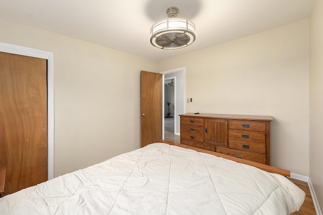 bedroom featuring wood-type flooring and a closet