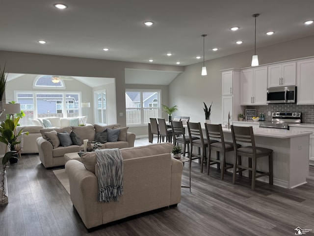 living room featuring dark hardwood / wood-style flooring, lofted ceiling, and sink