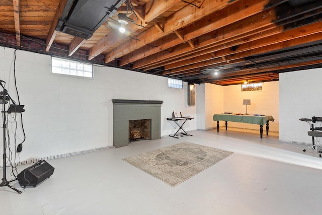 basement featuring a fireplace