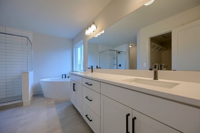 bathroom featuring vanity and shower with separate bathtub