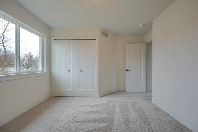 unfurnished bedroom featuring multiple windows, light carpet, and a closet