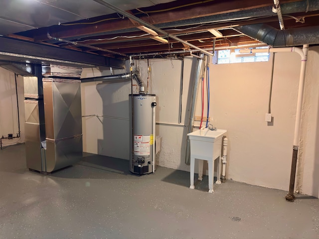 basement with heating unit and water heater