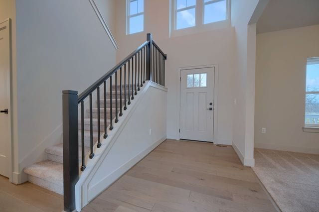 entryway featuring plenty of natural light, light hardwood / wood-style floors, and a high ceiling