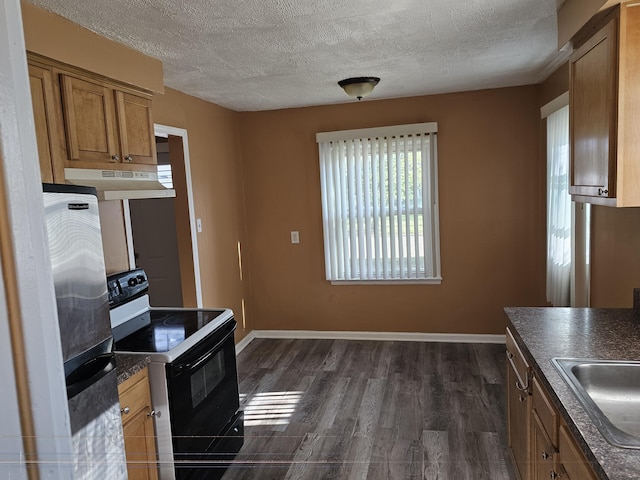 kitchen with dark hardwood / wood-style flooring, a textured ceiling, sink, black electric range oven, and stainless steel refrigerator