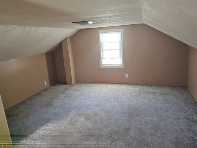 additional living space with carpet flooring, a textured ceiling, and lofted ceiling