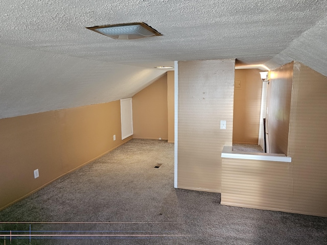 additional living space featuring carpet flooring, a textured ceiling, and vaulted ceiling