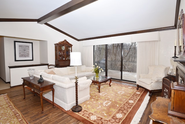 living room featuring lofted ceiling with beams, ornamental molding, and dark hardwood / wood-style flooring