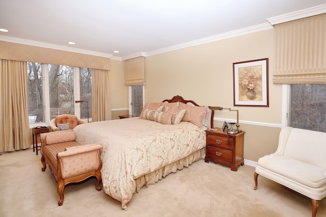 carpeted bedroom with crown molding