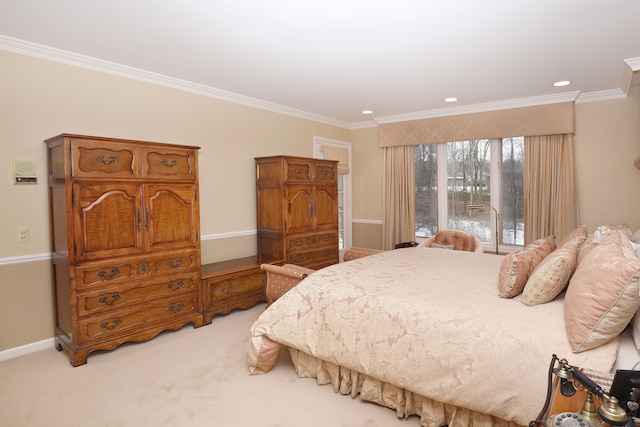 bedroom with light carpet and ornamental molding