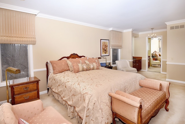 carpeted bedroom with crown molding and a notable chandelier