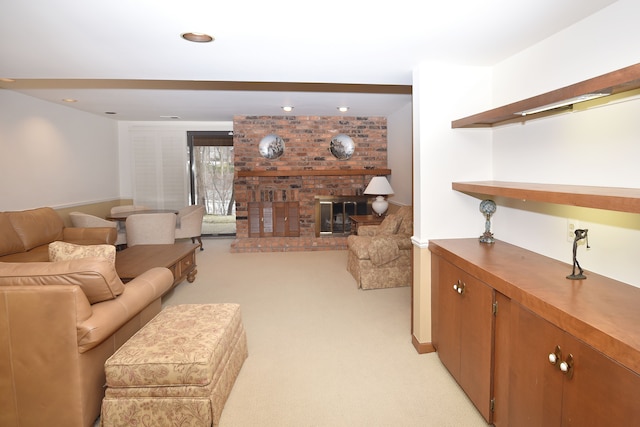 living room with light colored carpet and a fireplace