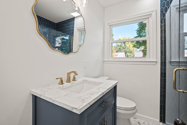 bathroom with vanity, toilet, and walk in shower