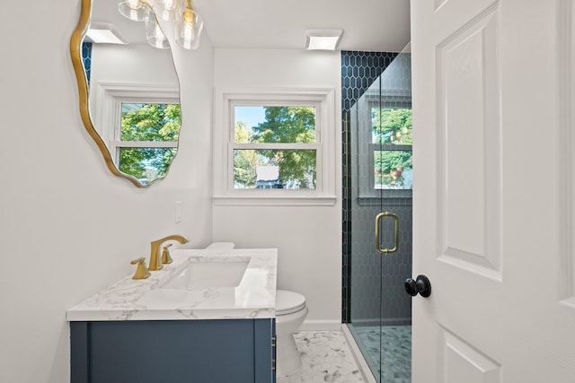 bathroom featuring vanity, toilet, and walk in shower