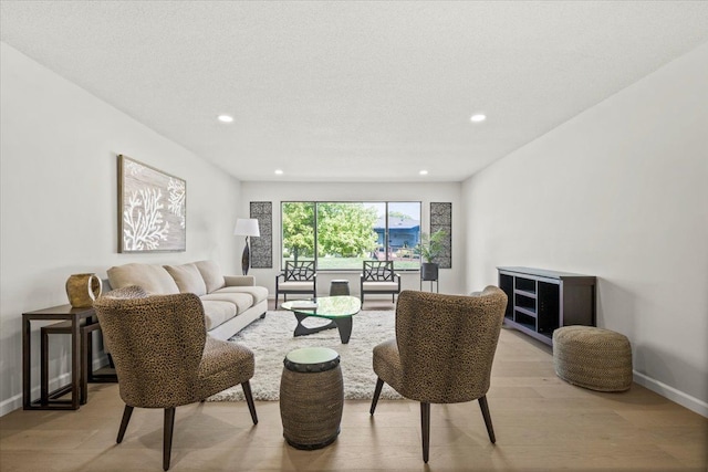 living room featuring light wood-type flooring and a textured ceiling