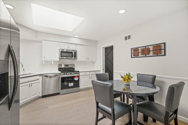 kitchen with decorative backsplash, a skylight, stainless steel appliances, sink, and white cabinets