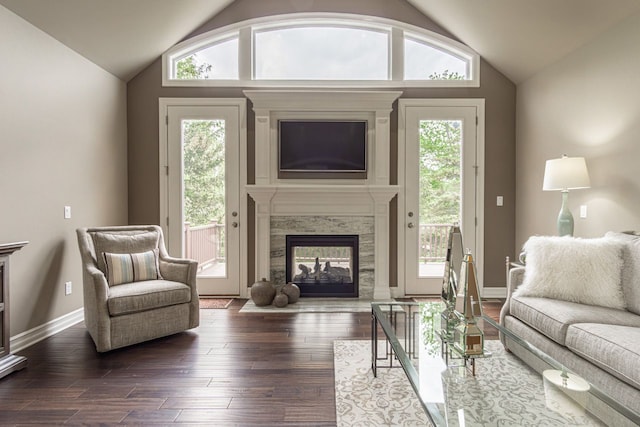 interior space with a wealth of natural light, lofted ceiling, a high end fireplace, and dark hardwood / wood-style floors