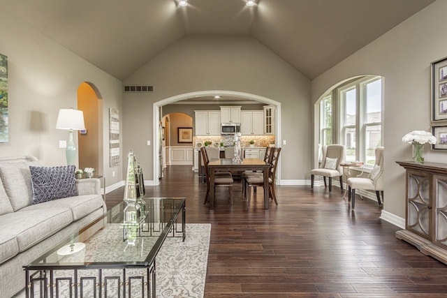 living room featuring vaulted ceiling and dark wood-type flooring