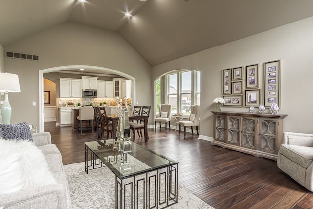 living room with lofted ceiling and dark hardwood / wood-style flooring