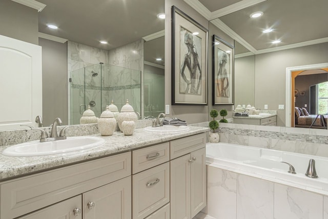 bathroom with shower with separate bathtub, vanity, and crown molding