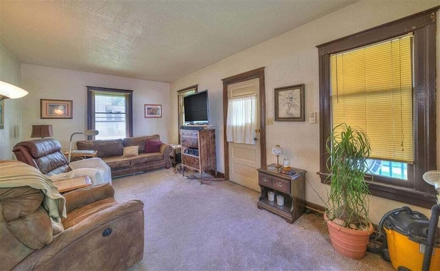 carpeted living room with a textured ceiling