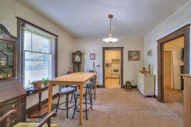 dining room with light carpet and a textured ceiling