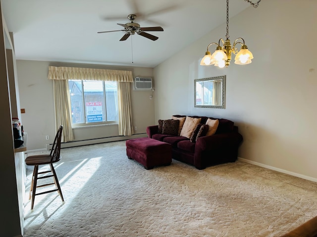 carpeted living room with a wall unit AC, a baseboard radiator, and ceiling fan with notable chandelier