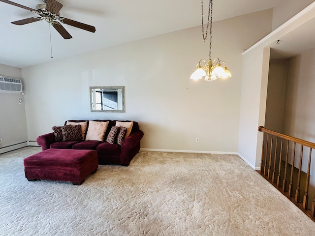 carpeted living room with a wall unit AC, ceiling fan with notable chandelier, and baseboard heating