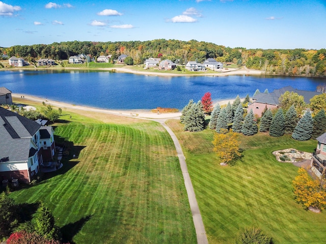 bird's eye view with a water view