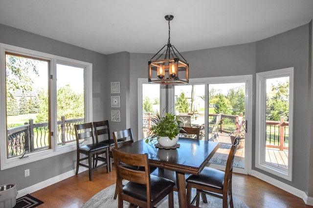 dining room featuring hardwood / wood-style floors, a healthy amount of sunlight, and a notable chandelier