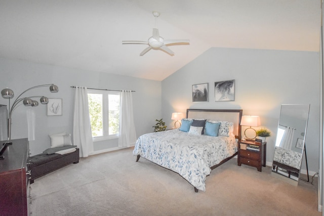 bedroom featuring light carpet, ceiling fan, and lofted ceiling