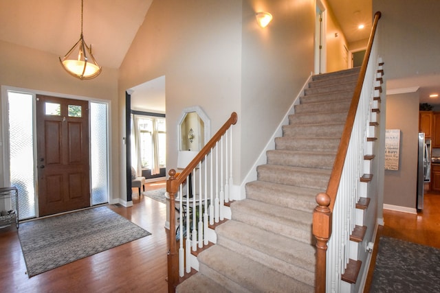 foyer with dark hardwood / wood-style flooring and a high ceiling