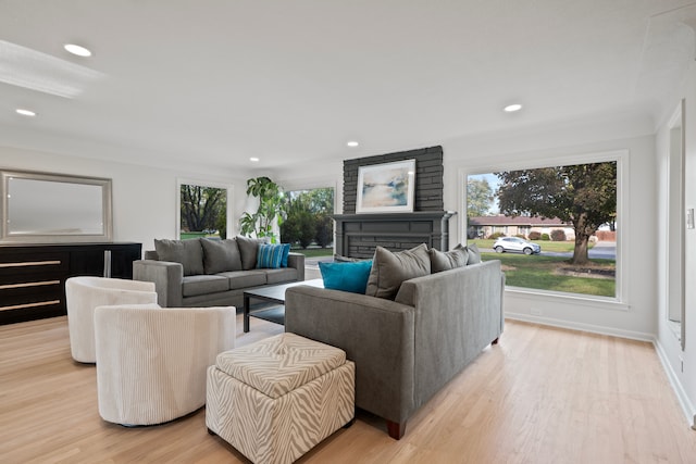 living room with a large fireplace and light wood-type flooring