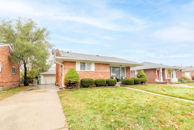 single story home with a garage, covered porch, and a front lawn