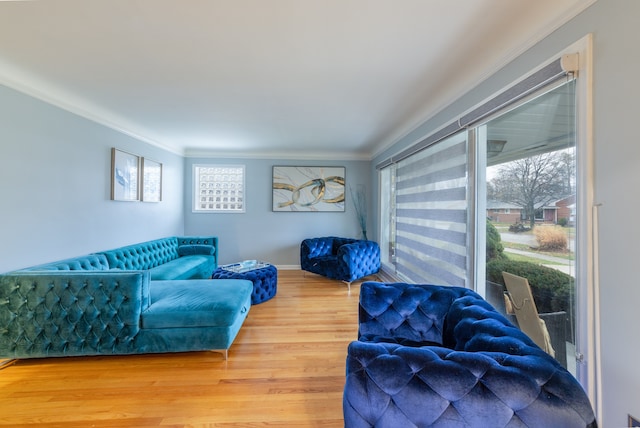 living room featuring hardwood / wood-style floors and crown molding