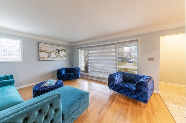 living room featuring crown molding and hardwood / wood-style floors