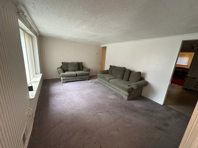 living room with dark carpet and a textured ceiling