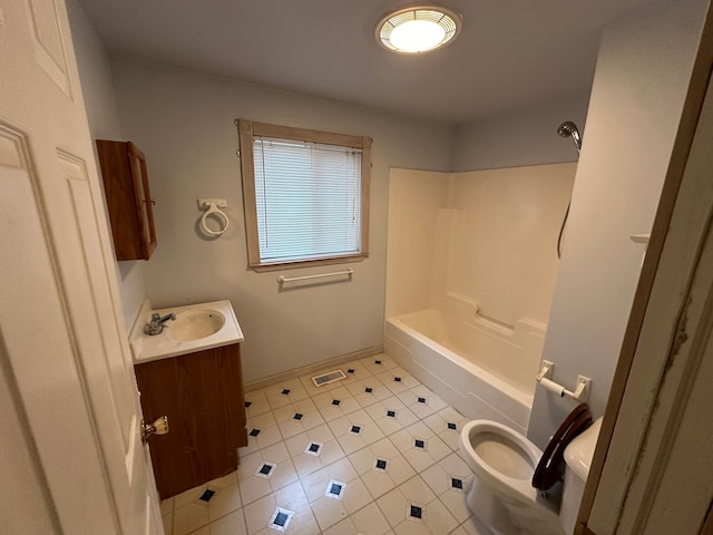 full bathroom with tile patterned floors, vanity, toilet, and shower / washtub combination