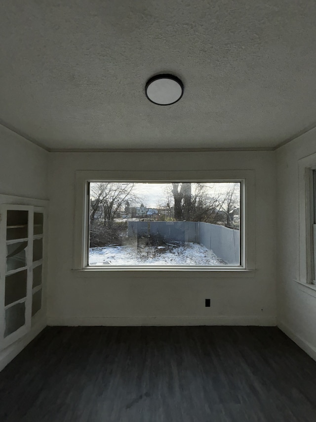 unfurnished room featuring dark hardwood / wood-style flooring and a textured ceiling