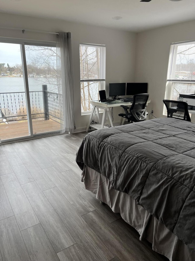 bedroom with access to outside, multiple windows, a water view, and wood-type flooring