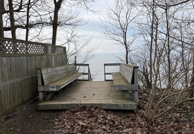 wooden terrace featuring a water view