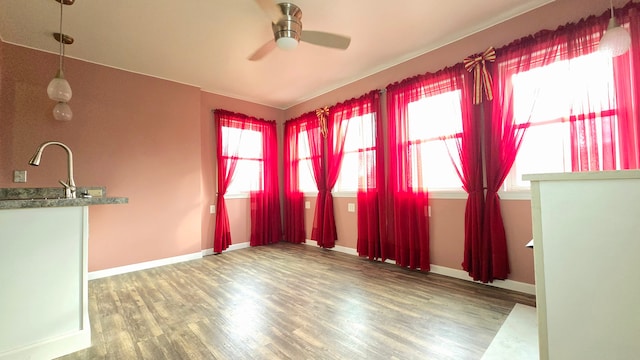 unfurnished dining area with hardwood / wood-style floors, ceiling fan, and sink