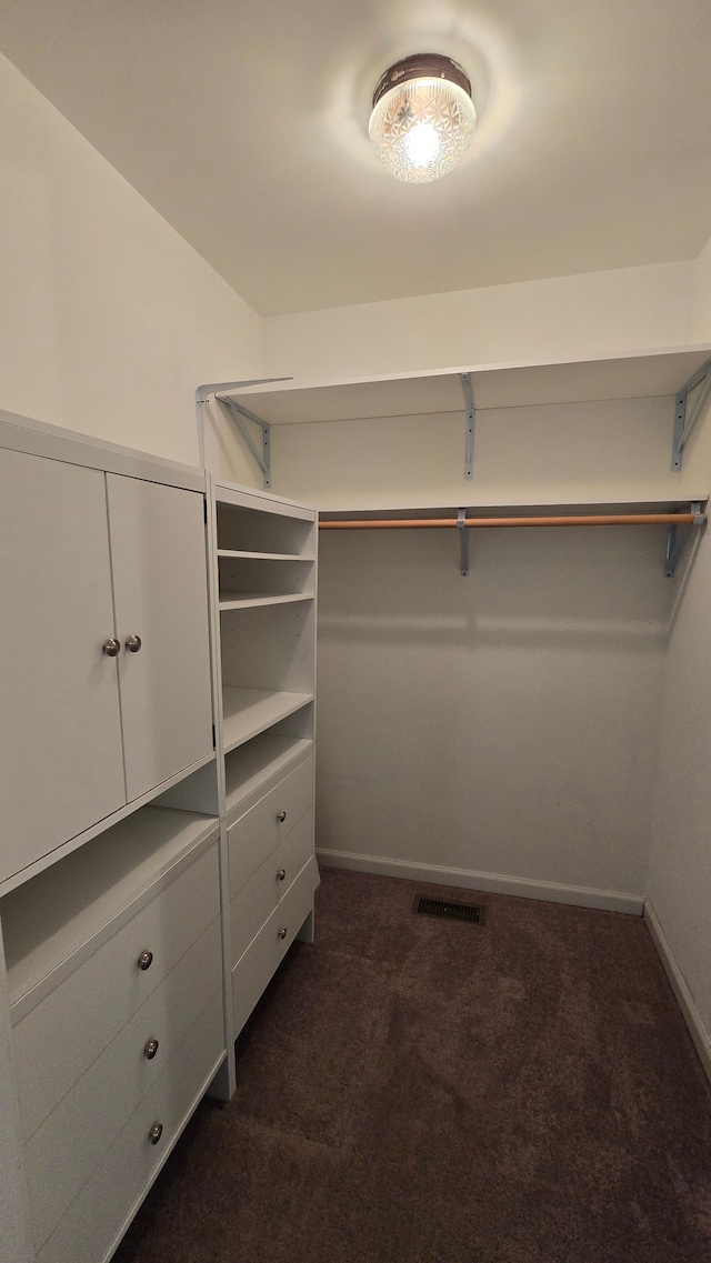 spacious closet featuring dark colored carpet