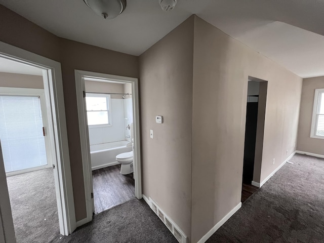 corridor featuring dark colored carpet and plenty of natural light