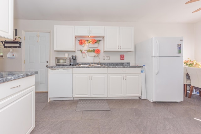 kitchen featuring white cabinets, white appliances, ceiling fan, and sink