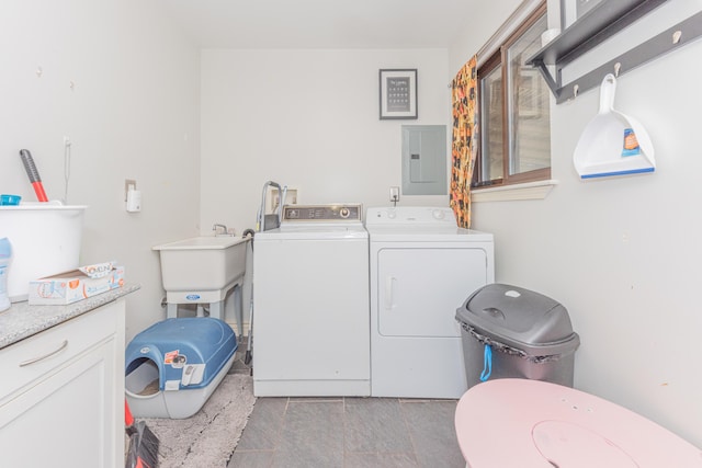 laundry area with electric panel and washer and clothes dryer